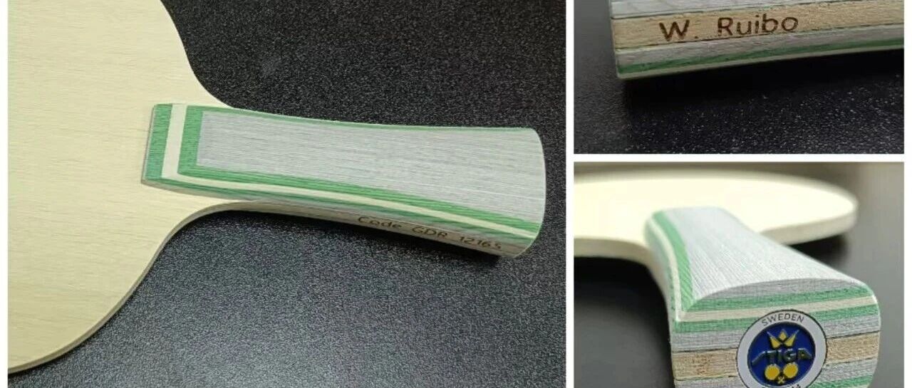 STIGA LUMA carbon blade handle close-up showing green aramid carbon layers and W. Ruibo engraving