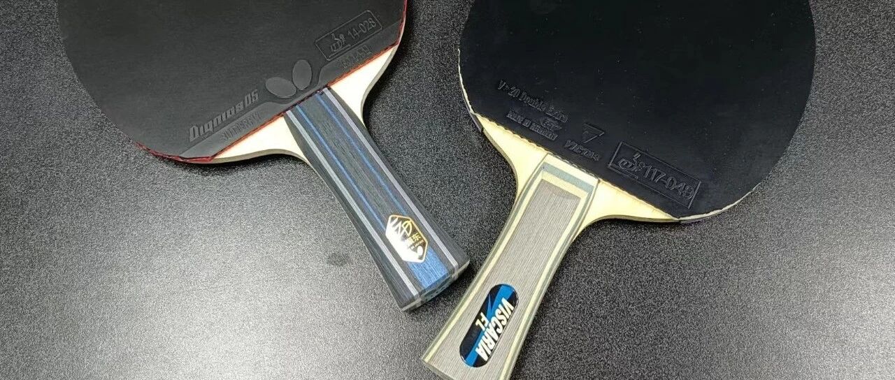 Two table tennis paddles with black rubber on a dark table surface, Dignics 05 and Viscaria visible