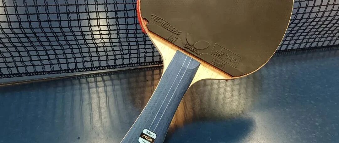 STIGA Wavy blade with Butterfly Tenergy 05 rubber resting by a table tennis net