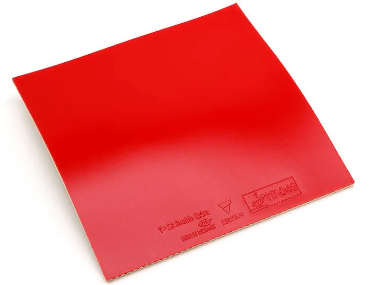 Victas V greater-than 20 Double Extra rubber sheet with flat-hitting pip geometry