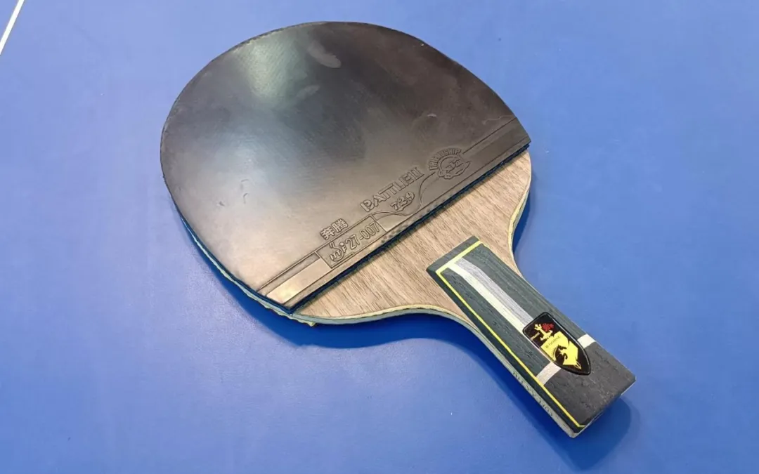 A table tennis paddle with rubber applied, illustrating sports equipment and play