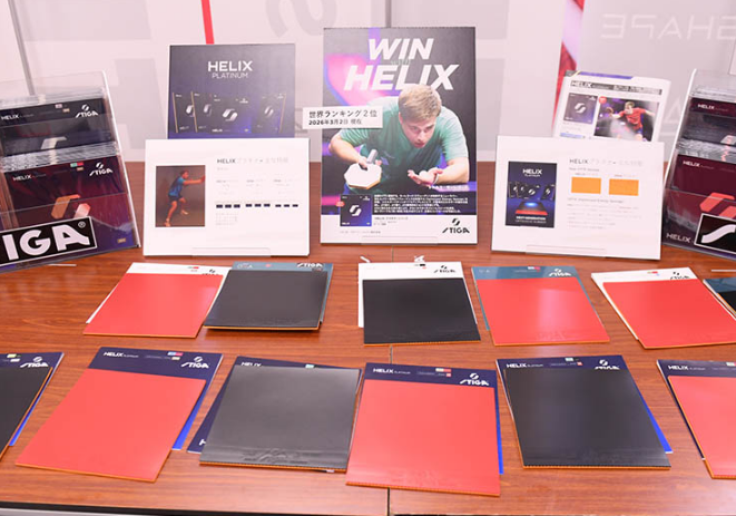 Stiga HELIX Platinum rubber used by Truls Moregard on display at Japan 2026 trade show