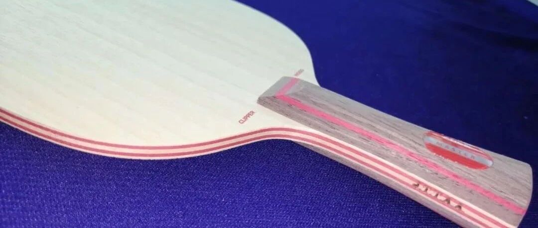 Close-up of a 7-ply all-wood table tennis blade on a blue surface