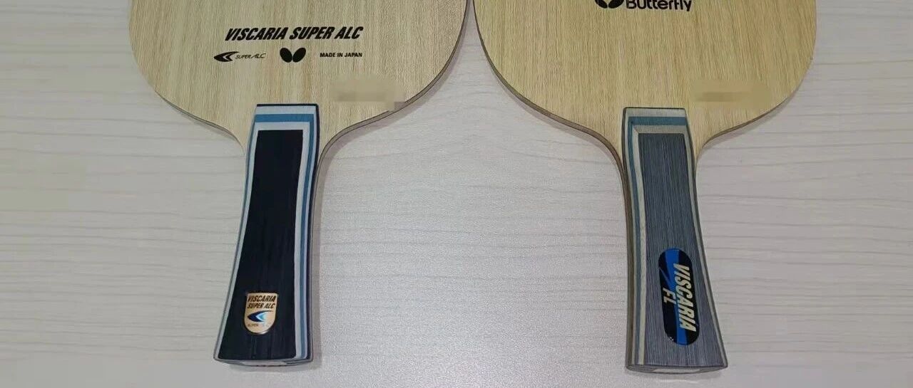 Two Butterfly shakehand blades side by side — Viscaria Super ALC and Viscaria FL — showing handle and face