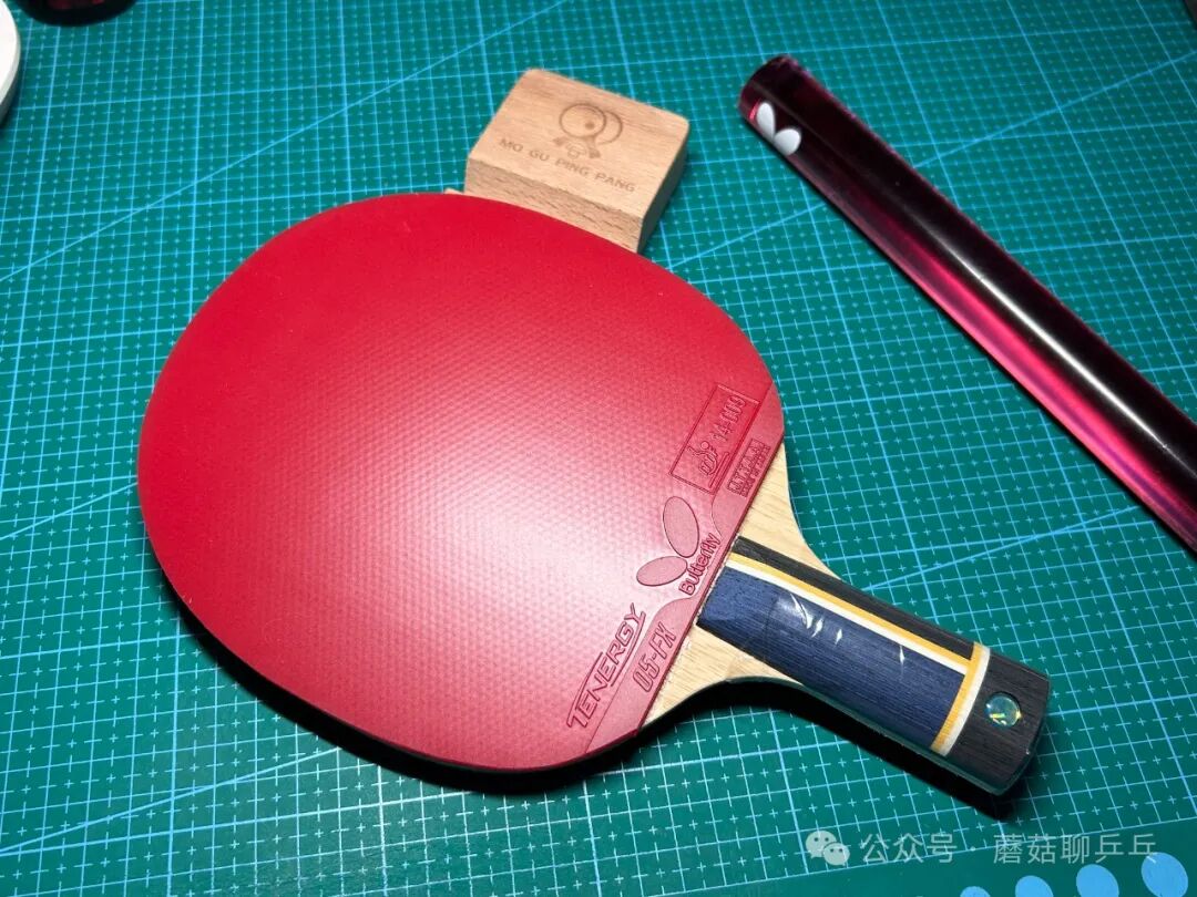 Tenergy 05 FX applied to blade in backhand position showing completed setup