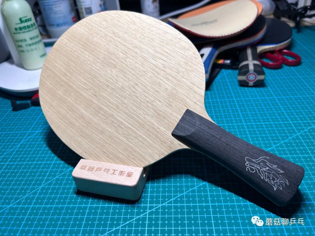 DHS Hurricane Wang Chuqin blade back showing handle and logo badge detail
