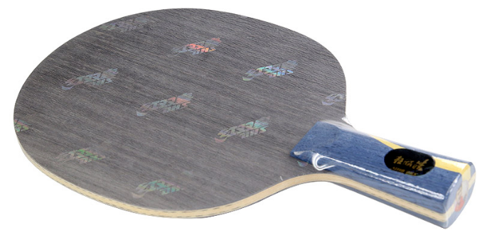 DHS N656-1 penhold blade with a dark carbon-pattern face and blue decorative handle