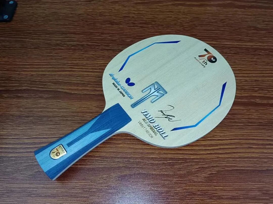 Timo Boll ALC 70th Anniversary Edition blade showing outer carbon construction and handle