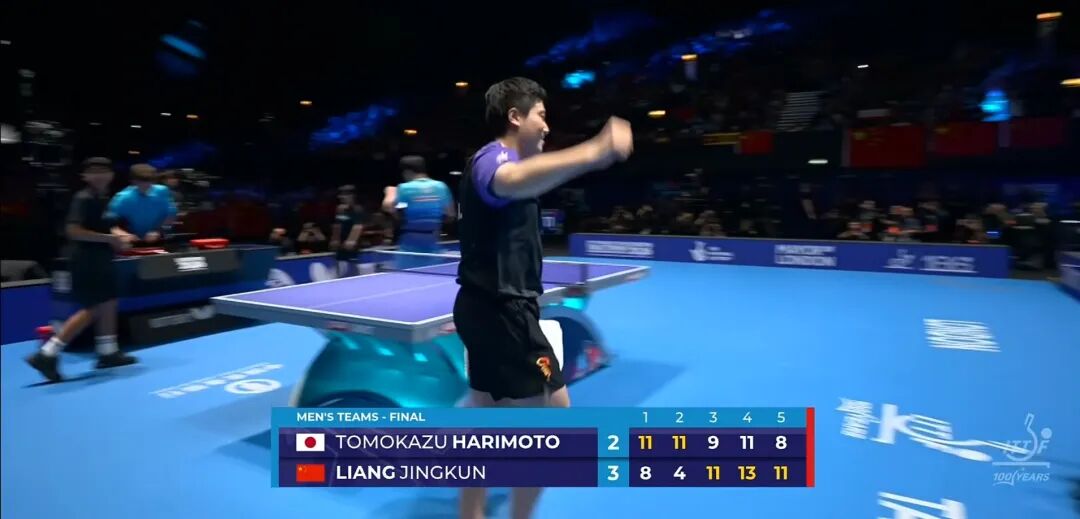 Liang Jingkun in match play during the World Team Championships final against Japan
